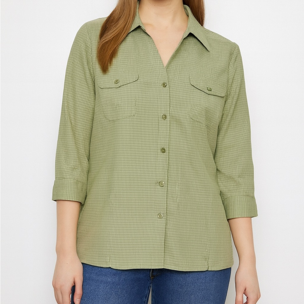 Dressbarn Sage Green Plaid Button Shirt M 3/4 Sleeve Lightweight Layering